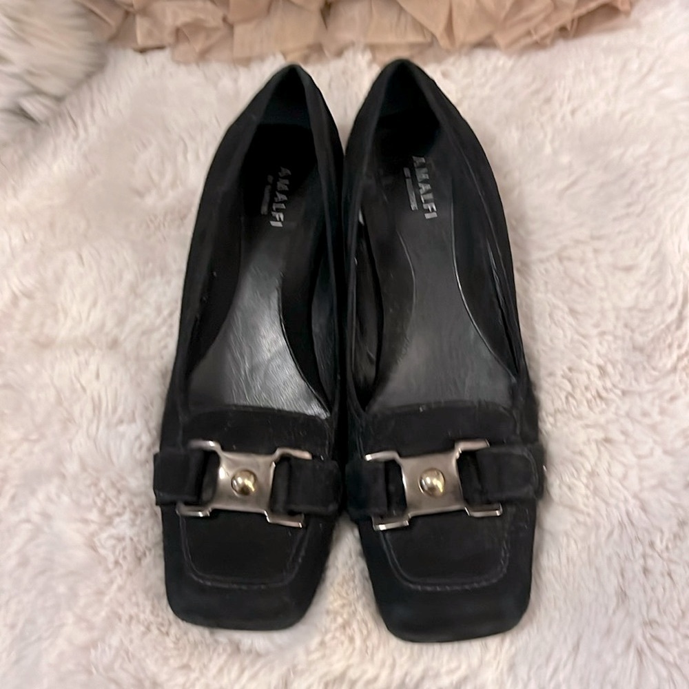 Amalfi Rangoni Vintage Black Suede Leather Square Toe Heeled Loafer Shoes Italy